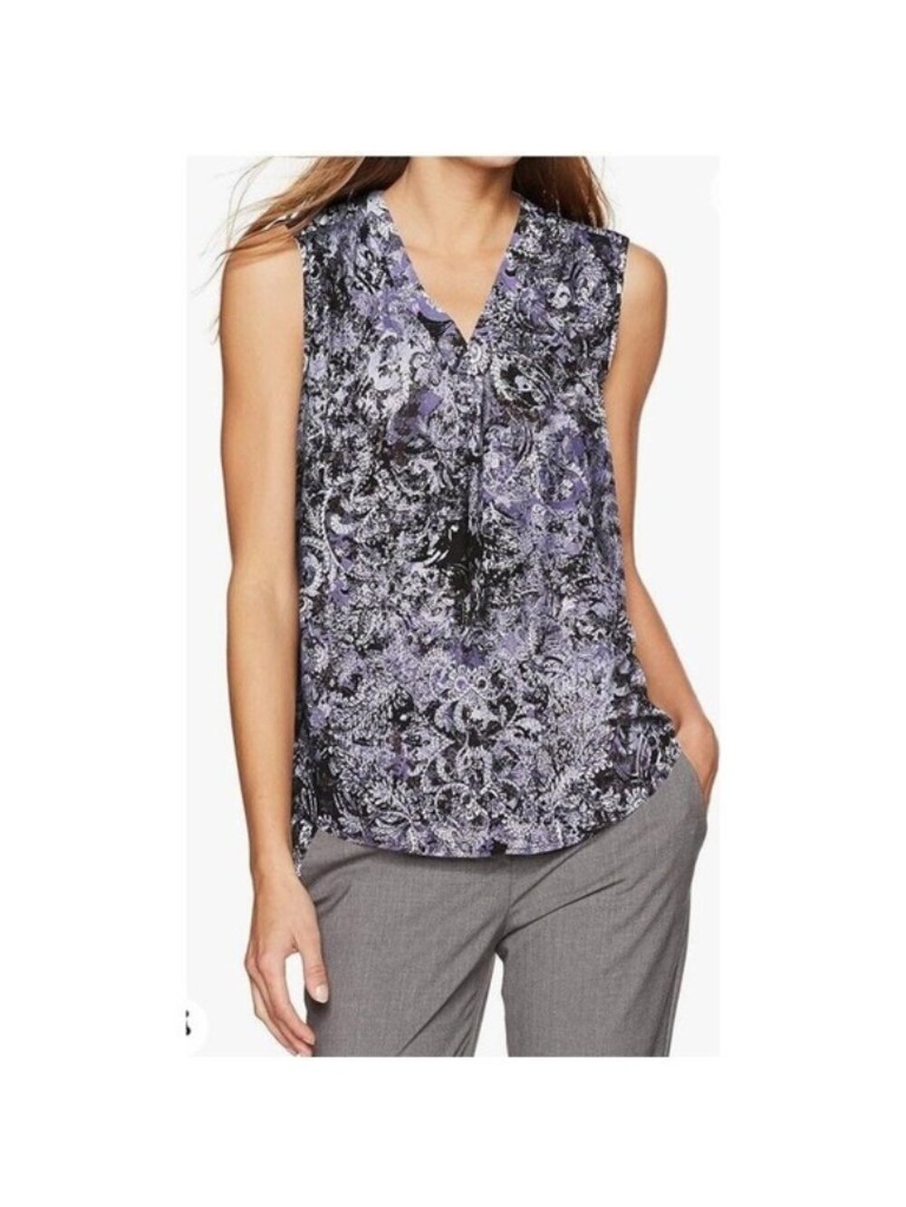 Nine West Women's Printed V-Neck Shell Top Pull On sleeveless Prussian Multi L